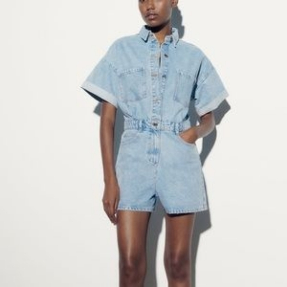 ZARA Denim Button-Up Jumpsuit